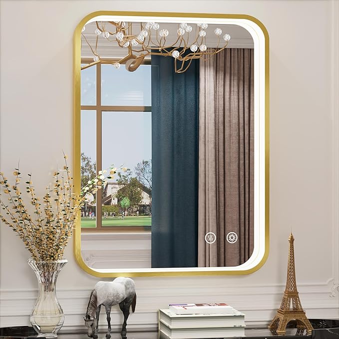 24x32 Inch Gold LED Bathroom Mirror with Lights, 3000K/4500K/6000K, Lighted Bathroom Vanity Mirror, Wall Mounted, Stepless Dimmable, Memory Funtion, Anti-Fog, Horizontal/Vertical