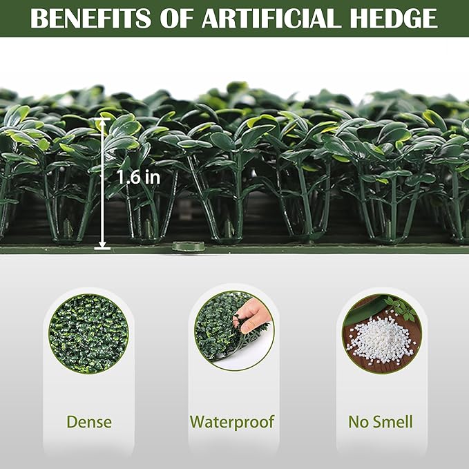 12PCS 10"x 10" Artificial Boxwood Wall Panels, UV-Anti Grass Wall Hedge Plant Panels for Indoor Outdoor Green Wall Decor Ivy Fence Covering Privacy