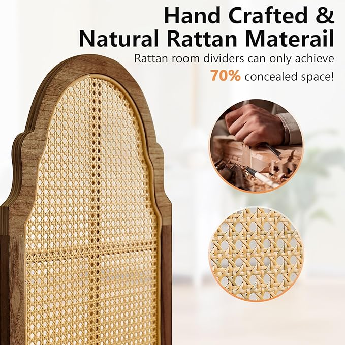 4 Panel Rattan Room Divider, 6 FT Tall Portable Partition Solid Wood Frame Folding Privacy Screen, Partition Room Divider Ideal for Bedroom Living Room Office, Dark Brown