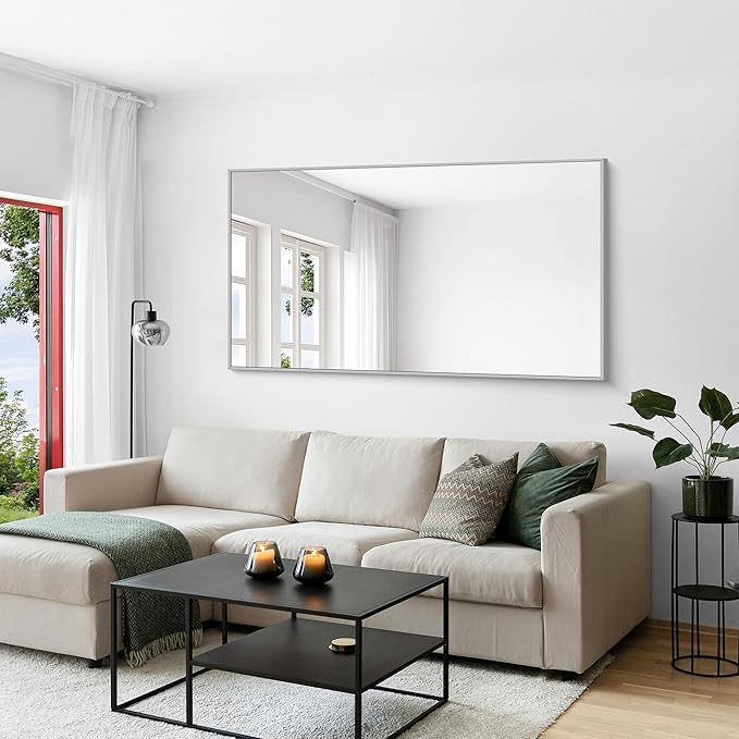 KOCUUY Silver Bathroom Mirror, 60"x30" Large Rectangle Bathroom Mirror for Wall, HD Tempered Glass, Anti-Rust Brushed Silver Frame, Modern Design for Bathroom, Bedroom, Hang Horizontal/Vertical