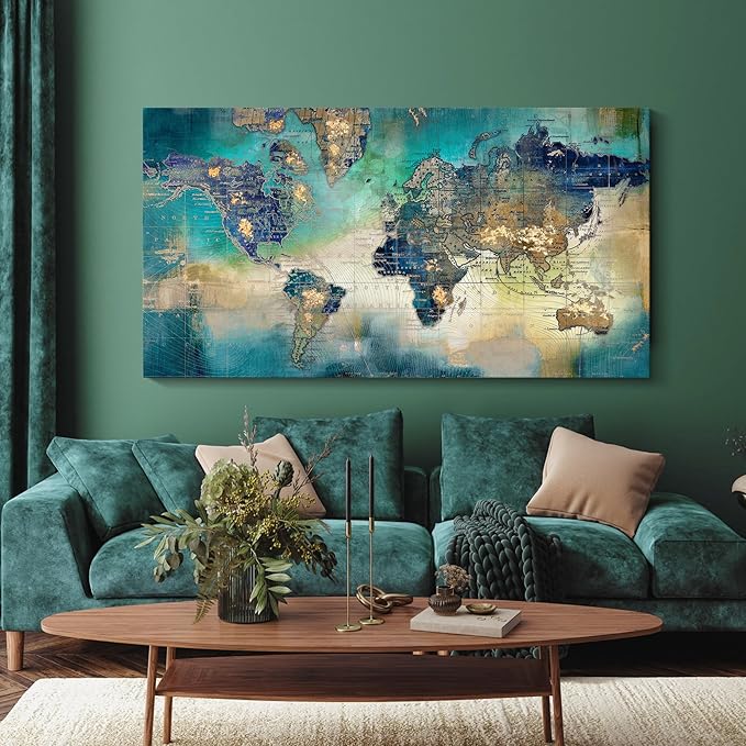 Large World Map Canvas Prints Wall Art for Living Room Office 30x60 Green World Map Picture Artwork Decor for Home Decoration