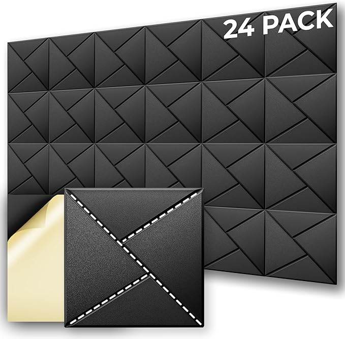 24-Pack Self-Adhesive Acoustic Panels – High-Density Soundproof Foam 12" x 12" x 0.4" for Studio, Office & Home – Sleek Black Design, Sound Panels High Density, Soundproof Wall Panels