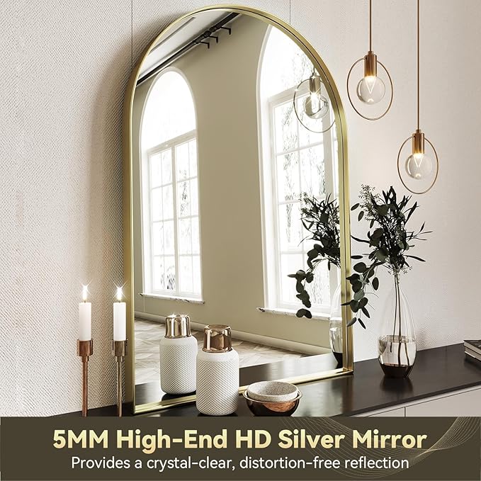 Brightify Arched Mirror, 22 x 30 Inch Gold Arch Mirror, Metal Frame Gold Arched Wall Mirror, Arched Top Bathroom Vanity Mirror for Living Room Bedroom Mantel Entryway Hallways