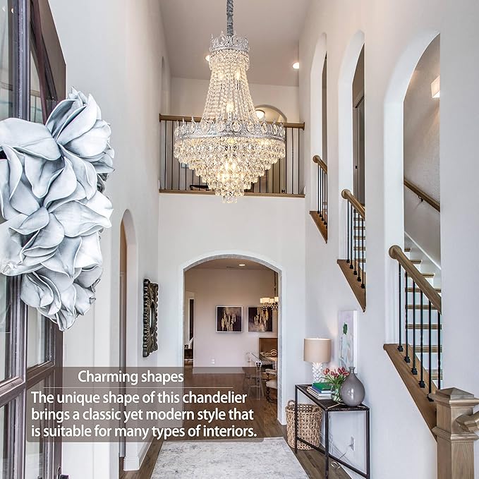 KoKo&Yukina Chrome 23.6" French Empire Crystals Chandeliers 14 Lights K9 Crystal Chandeliers Modern Adjustable Hanging Chandelier Farmhouse Crystal Chandelier for Living Room Dining Room Bedroom