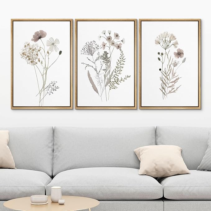 MUDECOR Framed Canvas Print Wall Art Watercolor Wildflower Art Print, Floral Botanical Prints, Minimalist Art, Modern Farmhouse for Bedroom - 24"x36"x3 Natural