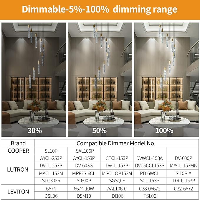 9-Light Modern Living Room Chandelier Gold Brass Finish Crystal Ceiling Pendant Lights LED Dimmable 54W 6000K Staircase Large Chandeliers for Entryway Lobby Foyer High Ceiling Chandeliers