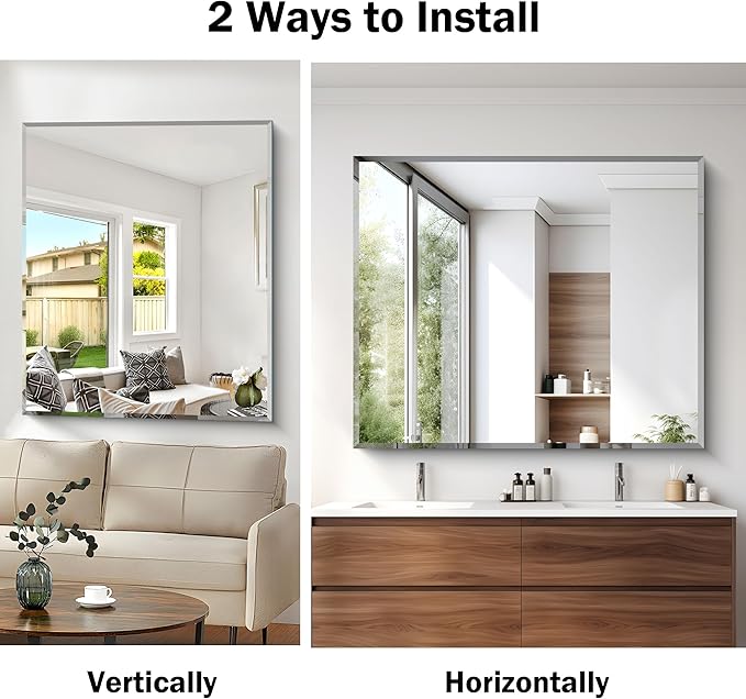 Beveled Bathroom Mirror, 40x48 Inch Large Frameless Mirrors for Wall, Upgraded Shatterproof Rectangle Beveled Vanity Mirror Hangs Horizontally/Vertically for Bedroom, Living Room and Entryway