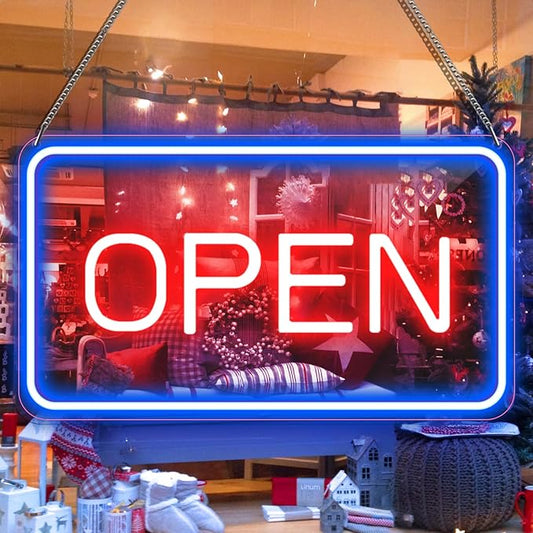 22.8"x 11.8" Ultra Bright 12V Neon Open Sign for Business, LED Open Neon Sign, Electric Light up Signs for Stores, Restaurants Offices Retail Shops Window(Blue-Red-Horizontal)