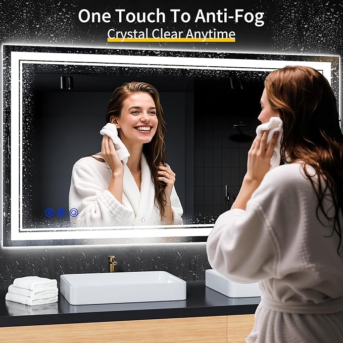 55"x30" LED Bathroom Mirror with Anti-Fog, Stepless Dimmable Lights, 3 Color Modes, Shatter-Proof Tempered Glass, Memory Function & Waterproof Design