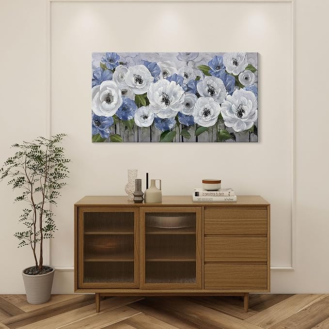 Mofutinpo Floral Wall Art for Living Room-Large Blue and White Flower Paintings, Textured Nature Artwork Pictures on Canvas, Landscape and Flower Wall Art for Bedroom Decor