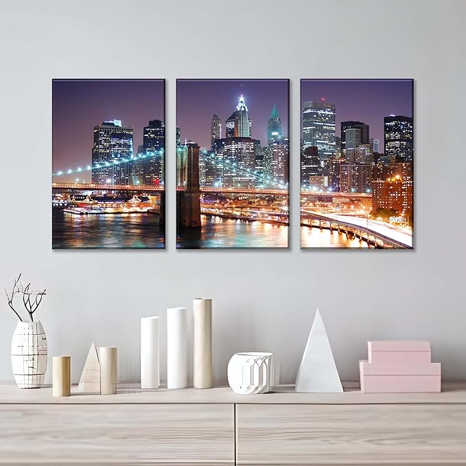 NAN Wind 3Pcs New York City Skyline Canvas Wall Art Brooklyn Bridge Night View Framed Wall Decor Blue Purple Manhattan Urban Cityscape Picture Canvas Artwork Modern Home Decor Living Room Office