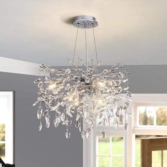 Modern Tree Branch Crystal Chandelier Luxury Silver Crystal Pendant Lighting 18" Contemporary 6-Light Chandeliers for Dining Room Kitchen Bedroom Living Room