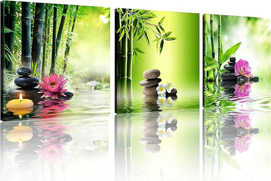 TutuBeer 3 Panels Zen Art Spa Decor Green Bamboo Decor Pink Waterlily and Frangipani Pictures Spa Pictures Zen Canvas Painting Prints Art Bamboo & Flowers Pictures for Home Decoration,Ready to Hang