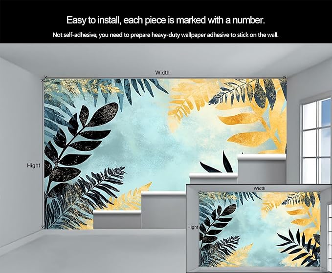 Black Gold Leaf Mural Wallpaper, Cartoon Palm Leaf Murals, 3D Tropical Plants Murals Wallpaper for Living Room Bedroom Tv Background Wall Home Decor Mural (Not Peel Stick)