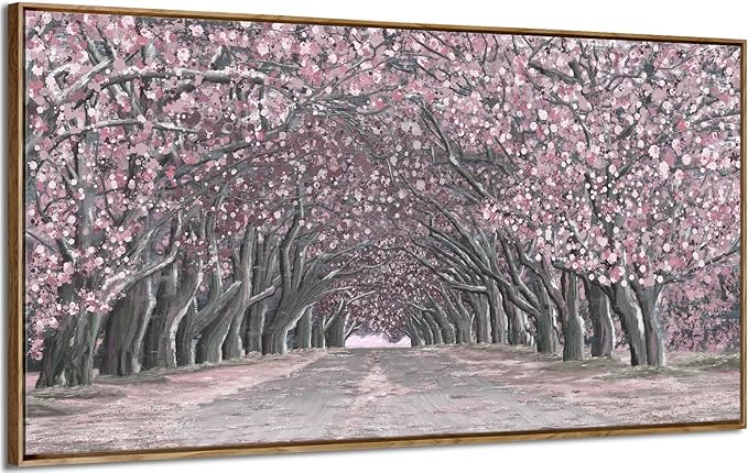 Nicetop Framed Canvas Wall Art – Pink Cherry Blossom Tree Tunnel Canvas Print Romantic Floral Landscape Artwork Abstract Forest Picture for Bedroom Living Room Girls Women Wall Decor Large Size 48x24 Inch