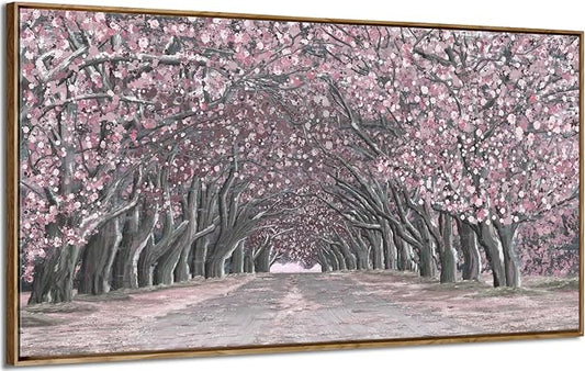 Nicetop Framed Canvas Wall Art – Pink Cherry Blossom Tree Tunnel Canvas Print Romantic Floral Landscape Artwork Abstract Forest Picture for Bedroom Living Room Girls Women Wall Decor Large Size 48x24 Inch