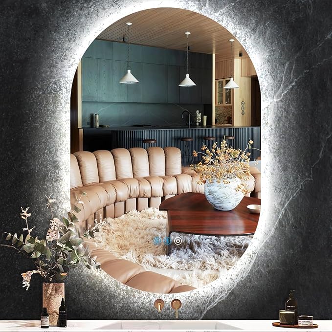 40 x 20 Inch Oval LED Backlit Mirror for Bathroom Salon Wall Horizontal/Vertical Mounted Antifog Smart Memory 3 Color 40 Inch Backlit Frameless LED Oval Lighted Vanity Mirror with Lights
