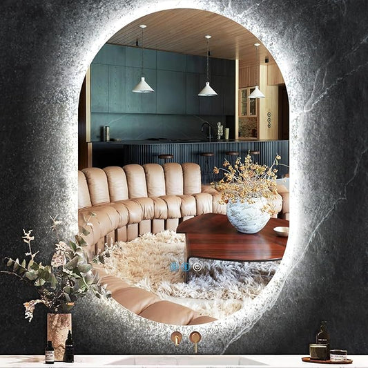 40 x 20 Inch Oval LED Backlit Mirror for Bathroom Salon Wall Horizontal/Vertical Mounted Antifog Smart Memory 3 Color 40 Inch Backlit Frameless LED Oval Lighted Vanity Mirror with Lights