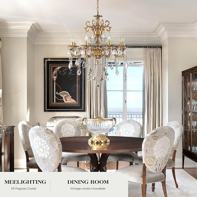 Antique Bronze Crystal Chandeliers, Candle Pendant Ceiling Light Fixture 8-Lights Luxury Gold Crystal Chandelier Adjustable Chain for Dining Living Room Bedroom Hallway 27 Inch