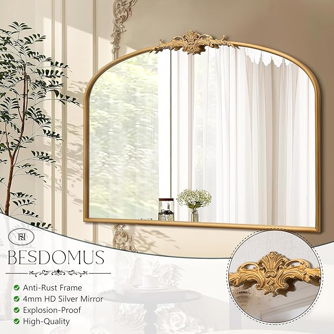 Antique Arched Gold Mirror: 40"x30" Large Gleaming Gold Vintage Wall Mounted Mirror - Baroque Traditional Ornate for Fireplace/Bathroom/Living Room - Home Decor for Homemakers