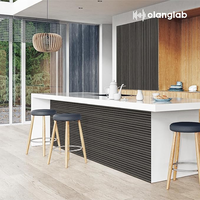 Olanglab Wood Slat Wall Panels 4 Pack, Wooden Acoustic Wall Panels, 94.5"x12.6" Each 3D Wall Panels for Interior Wall Decor (Black-Extendo Trio)