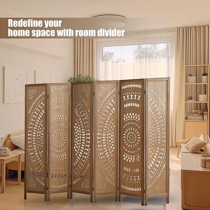 6 Panel Wood Room Divider Fully Assembled, Decorative Room Dividers and Folding Screens, 5.6Ft Room Divider Screen Freestanding Partition Wall Dividers for Home Bedroom Office, Brown