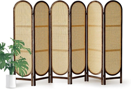 5.6 Ft Room Divider 6 Panel, Folding Privacy Screen, Rattan Room Divider, Foldable Wood Divider Panel, Portable Partition Screen, Wall Divider for Room Separation Home Office Garden-Brown