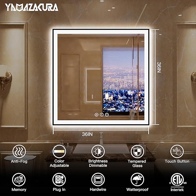 36x36 LED Vanity Mirror for Bathroom - Square Framed Dimmable Illuminated Mirror with Backlit and Front Light, Anti-Fog, Shatterproof, Memory, 3 Colors (Horizontal/Vertical)