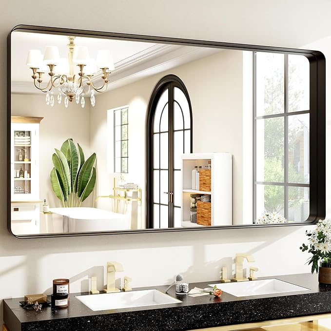 48"x30" Black Bathroom Mirror - Modern Black Mirror for Wall with Rounded Corners, Bathroom Mirrors for Vanity, Aluminum Alloy Framed Mirror Portrait or Landscape Hang