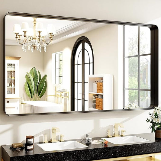 48"x30" Black Bathroom Mirror - Modern Black Mirror for Wall with Rounded Corners, Bathroom Mirrors for Vanity, Aluminum Alloy Framed Mirror Portrait or Landscape Hang