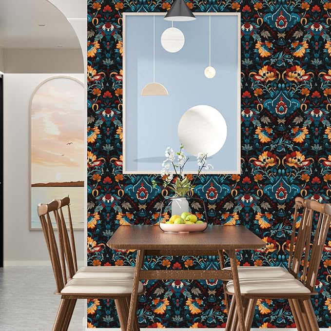 Black Floral Peel and Stick Wallpaper Boho Leaf Contact Paper Red Flower Removable Self Adhesive Waterproof Wall Paper for Cabinet Drawers Wall Decor Renter Friendly 17.5''x118.1''