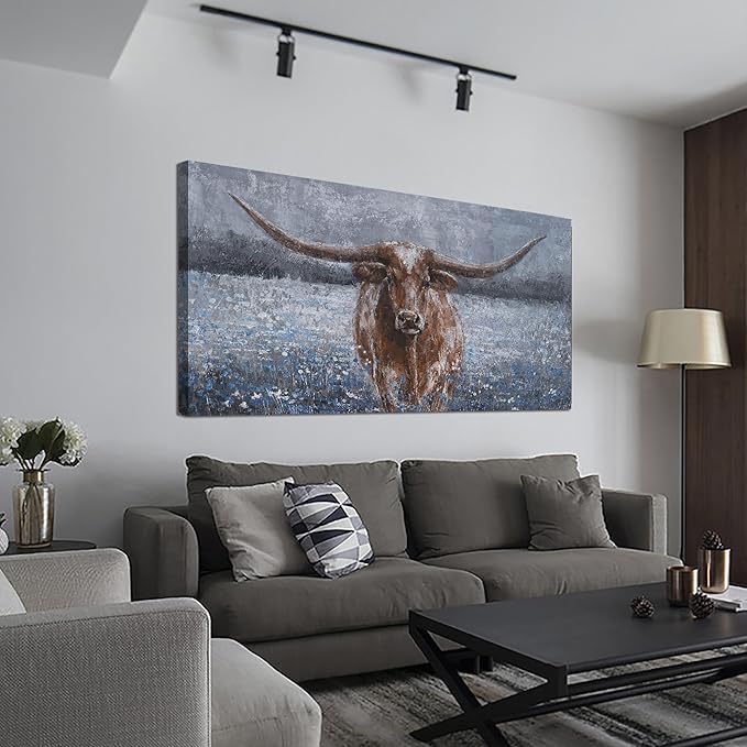 KUPTEU Canvas Wall Art Decor Vintage Wall Art For Living Room Highland Cow Wall Art Decorations Canvas Art Wall Decor Modern Blue Wall Art Prints Artwork for Walls Bedroom Home Decor 20" x 40"