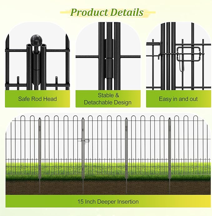 Bepatio Tall Garden Fence Animal Barrier with Gate, 39.5in (H) x 11.5ft (L) 5 Panels Decorative Dog Fence Outdoor for Yard, Heavy Duty Metal Fence Border, Flower Bed, Easy Setup, Black