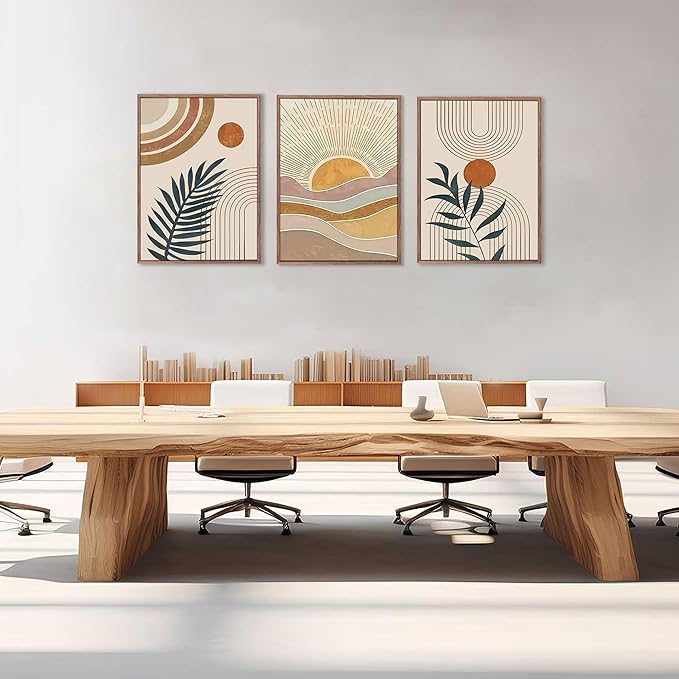 3Pcs Framed Boho Abstract Wall Art Orange Rainbow Sun Desert Minimalist Picture Mid-Century Modern Poster Prints Neutral Botanical Geometric Canvas Painting Wall Decor for Living Room 24L" x 16W"