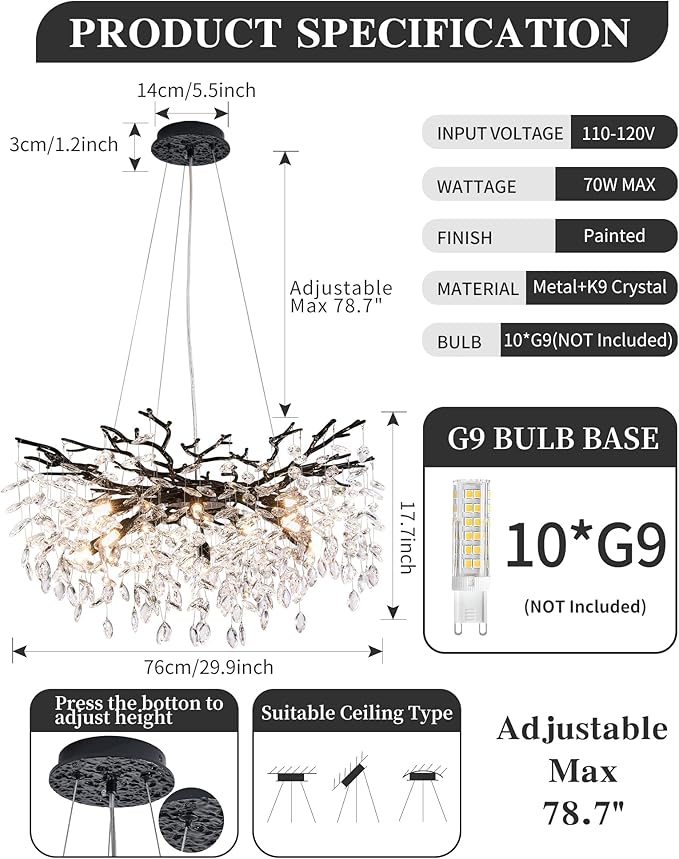 Modern Tree Branch Crystal Chandelier Luxury Black Crystal Pendant Lighting 30" Contemporary 10-Light Chandeliers for Dining Room Kitchen Bedroom Living Room