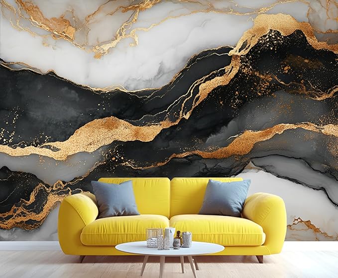 Black Gold Marble Mural Wallpaper, White Gold Marble Murals, European Light Luxury Murals, Wallpaper for Living Room Bedroom Boy Girl Room Home Decor Mural (Not Peel Stick)