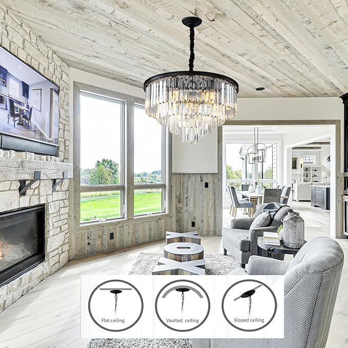 Black Modern Crystal Chandelier Lighting K9 Crystal Round Chandelier Hanging Ceiling Light Fixture 4-Tier Contemporary Crystal Pendant Light for Dining Room Living Room Bedroom 23.6inch