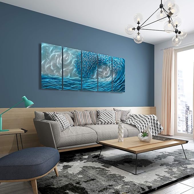 BATRENDY ARTS Modern Sea Wave Metal Wall Art 3D Beach Hanging Scuplture Hand Polished TropicalHome Accent Multi Panel Artwork Ready to Hang