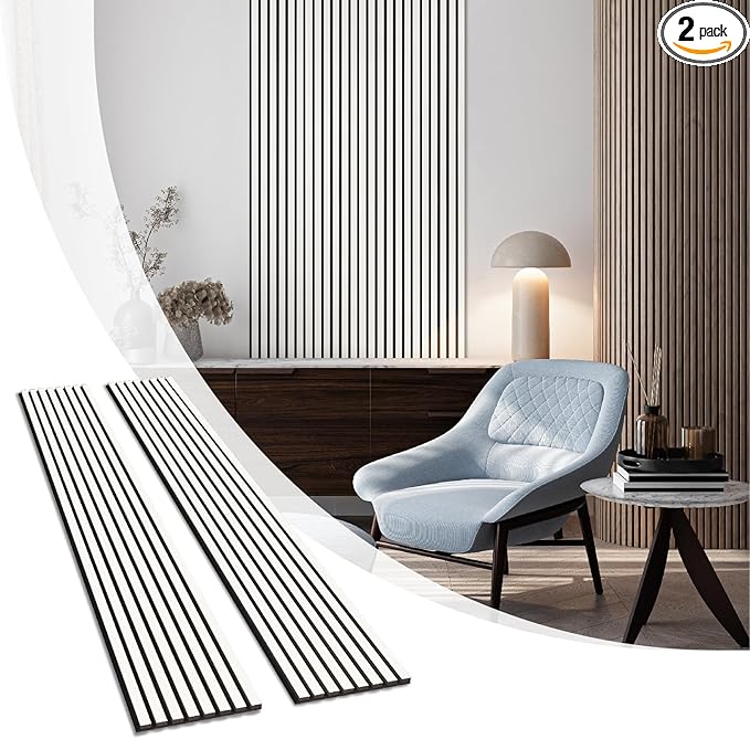 Olanglab Wood Slat Wall Panels, Wooden Acoustic Wall Panels, 94.5"x12.6" Each 3D Wall Panels for Interior Wall Decor, 2 Pack in Total 94.5"x25.2" (Gloss White)