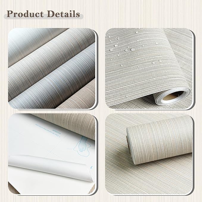 20.8" x 196.8" Grasscloth Wallpaper, Beige Textured Peel and Stick Wallpaper for Decor Bedroom Kitchen Cabinet