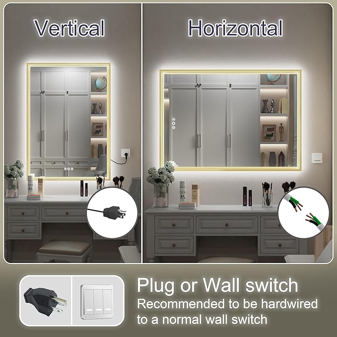 20x28 Inch Gold LED Bathroom Mirror, Front and Backlit Controlled Separately, Lighted Bathroom Vanity Mirror, 3000K/4500K/6000K, Wall Mounted, Dimmable, Anti-Fog, Horizontal/Vertical