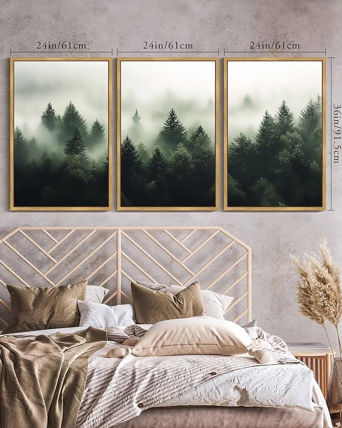 KUVIOKE Green Fog Pine Tree Framed Wall Art Nature Nordic Forests Artwork Morden Painting Home Decor 24x36in (Natural Framed)