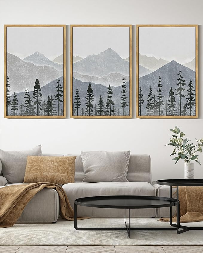 KUVIOKE Mountain Landscape Framed Wall Art Watercolor Nature Forest Painting Boho Farmhouse Rustic Home Decor 16x24in (Natural Framed)