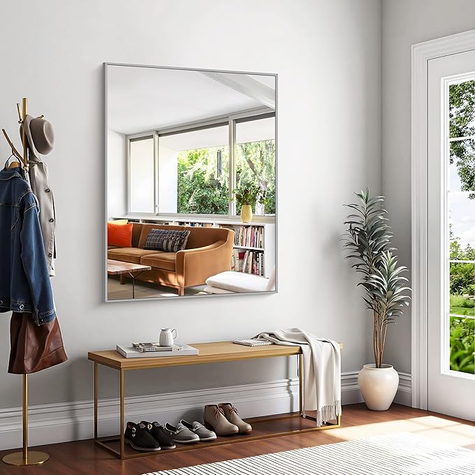 KOCUUY Silver Bathroom Mirror, 48"x36" Large Rectangle Bathroom Mirror for Wall, HD Tempered Glass, Anti-Rust Brushed Silver Frame, Modern Design for Bathroom, Bedroom, Hang Horizontal/Vertical