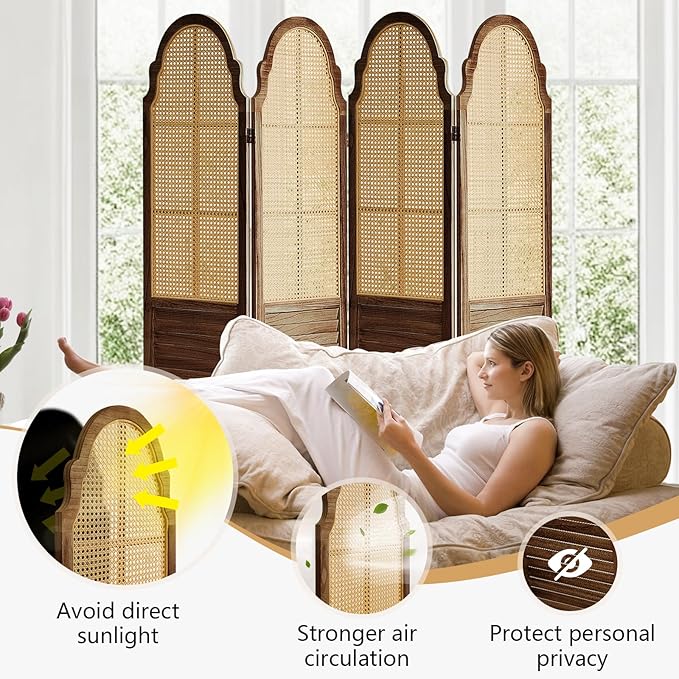 4 Panel Rattan Room Divider, 6 FT Tall Portable Partition Solid Wood Frame Folding Privacy Screen, Partition Room Divider Ideal for Bedroom Living Room Office, Dark Brown