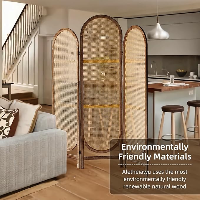 5.9 Ft Tall Hand-Woven Rattan Room Divider 3 Panels, Wood Room Divider Panel, Folding Screen Divider Wall, Wall Divider for Room Separation, Folding Privacy Screen, Home Office - Brown
