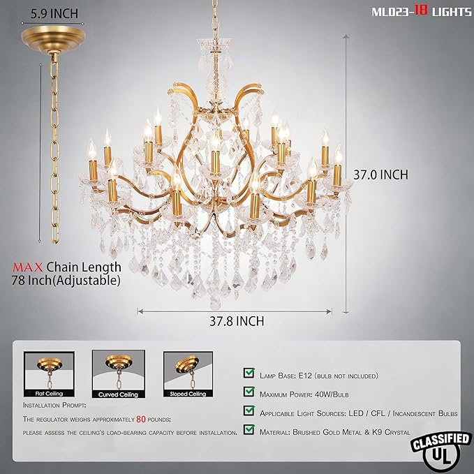 Antique Gold Crystal Chandeliers, Polished Golden Bronze Farmhouse Chandeliers 18-Light Crystal Candle Chandelier Ceiling Hanging Light Fixture Entrance Foyer Kitchen