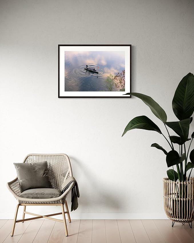 Oriental Beauty: Stunning Feng Shui Landscape Wall Art Prints for Home Decor in 3 Sizes (Silent Waters: Traditional Boatman at Dawn, 24" x 36")