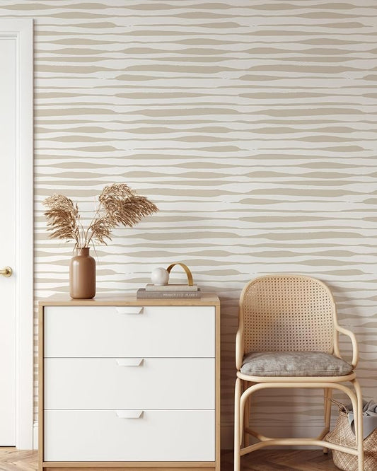 Beige Stripes Shibori Wallpaper | Removable Self Adhesive Hand Drawn Wallpaper | Customizable Geometrical Lines Peel and Stick Wall Decor (1 roll 24" W x 108" H)