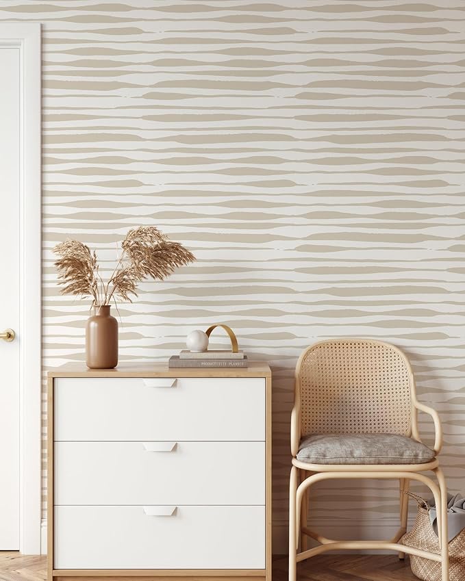 Beige Stripes Shibori Wallpaper | Removable Self Adhesive Hand Drawn Wallpaper | Customizable Geometrical Lines Peel and Stick Wall Decor (1 roll 24" W x 144" H)